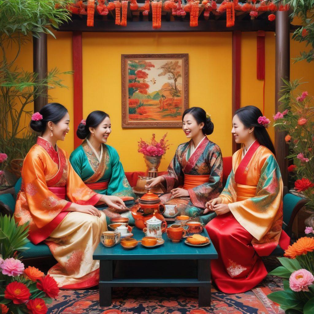 A vibrant collage showcasing diverse Asian cultures, featuring intimate moments of connection, such as a family gathering, traditional tea ceremonies, and friends laughing together. Include colorful traditional attires, intricate textiles, and festive decorations that signify unity and warmth across various Asian traditions. The background can depict subtle elements of nature, symbolizing harmony and togetherness. vibrant colors. detailed illustration. warm and inviting atmosphere.
